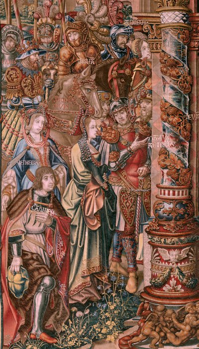 Flanderin kuvakudos. Sarja The Honours. Usko (La Fe). Ensimmäinen kuvakudos sarjassa. Mallisarjakuvapiirtäjät Bernard van Orleyn ja Jan Gossaertin (Mabuse) piiristä. Valmistus Pieter van Aelst, Bryssel. Noin 1550. Kangas Kulta, hopea, silkki ja villa. tekijältä Bernard van Orley