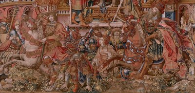 Flanderin kuvakudos. Sarja The Honours. Fame (La Fama). Sarjan kolmas kuvakudos. Mallisarjakuvapiirtäjät Bernard van Orleyn ja Jan Gossaertin (Mabuse) piiristä. Valmistus Pieter van Aelst, Bryssel. Noin 1550. Kangas Kulta, hopea, silkki ja villa. tekijältä Bernard van Orley