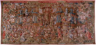 Flanderin kuvakudos. Sarja The Honours. Fame (La Fama). Sarjan kolmas kuvakudos. Mallisarjakuvapiirtäjät Bernard van Orleyn ja Jan Gossaertin (Mabuse) piiristä. Valmistus Pieter van Aelst, Bryssel. Noin 1550. Kangas Kulta, hopea, silkki ja villa. tekijältä Bernard van Orley
