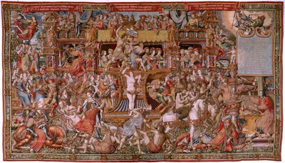 Flanderin kuvakudos. Sarja The Honours. Infamy (La Infamia). Sarjan kuudes kuvakudos. Mallisarjakuvapiirtäjät Bernard van Orleyn ja Jan Gossaertin (Mabuse) piiristä. Valmistus Pieter van Aelst, Bryssel. Noin 1550. Kangas Kulta, hopea, silkki ja villa. tekijältä Bernard van Orley