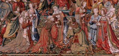 Flanderin kuvakudos. Sarja The Honours. Oikeus (La Justicia, Los Honores). Sarjan yhdeksäs kuvakudos. Mallisarjakuvapiirtäjät Bernard van Orleyn ja Jan Gossaertin (Mabuse) piiristä. Valmistus Pieter van Aelst, Bryssel. Noin 1550. Kangas Kulta, hopea, tekijältä Bernard van Orley