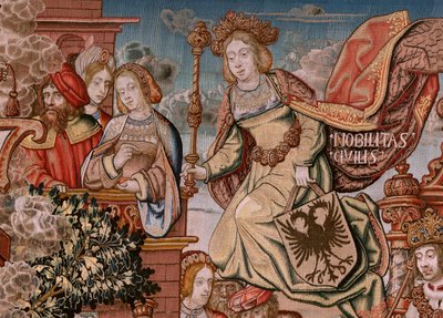 Tapís flamenc. Sèrie Els Honors; Noblesa (La Nobleza). Quart tapís de la sèrie. Dibuixants models del cercle de Bernard van Orley i Jan Gossaert (Mabuse). Manufactura Pieter van Aelst, Brussel·les. Ca 1550. Tela Or, plata, seda i llana tekijältä Bernard van Orley