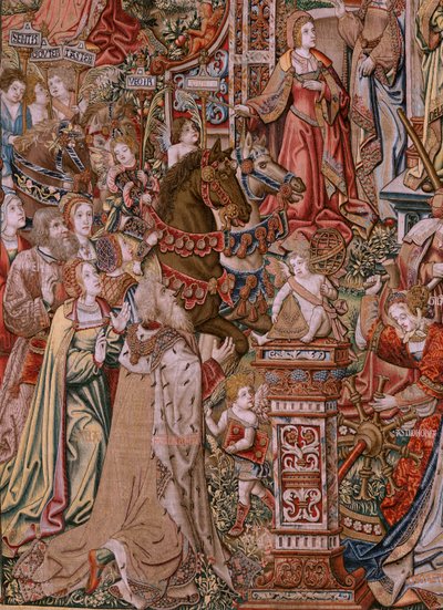 Tapís flamenc. Sèrie Els Honors; Prudència (La Prudencia).Setè tapís de la sèrie. Dibuixants models del cercle de Bernard van Orley i Jan Gossaert (Mabuse). Manufactura Pieter van Aelst, Brussel·les. Ca 1550. Tela Or, plata, seda i acabat tekijältä Bernard van Orley