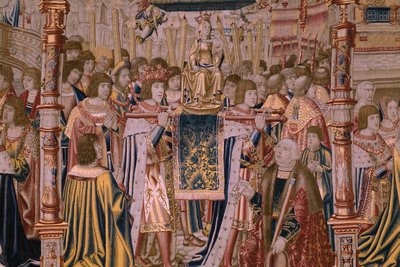 Flanderin kuvakudos. Sarja The Legend of the Madonna of the Sablon (The Legend of Our Lady of the Sablon). Madonnan patsaan saapuminen. Brysselin valmistus. Sarjakuvapiirtäjä Barend van Orley tekijältä Bernard van Orley