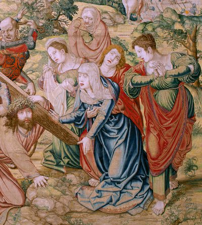 Flanderin kuvakudos. Sarja Kristuksen kärsimys. Putoaa matkalla Golgatalle (Caída en el camino del Calvario). Sarjan toinen kuvakudos. Mallit Sarjakuvapiirtäjä Bernard van Orley. Valmistus Pieter de Pannemaker, Bryssel. Noin 1518-1523. Kangas Kulta, hopea, tekijältä Bernard van Orley