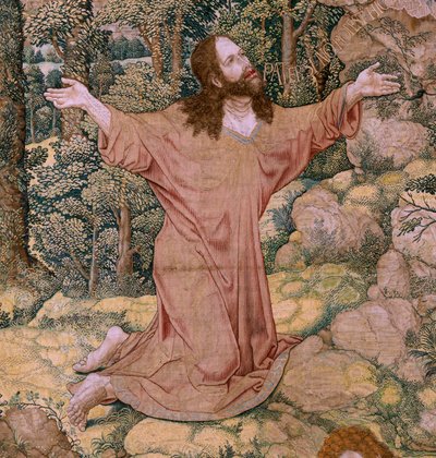 Flanderin kuvakudos. Sarja Kristuksen intohimo. Kristus Öljymäellä. Valmistus Pieter de Pannemaeker, Bryssel. Sarjakuvapiirtäjä Barend van Orley. noin 1518-1522. tekijältä Bernard van Orley
