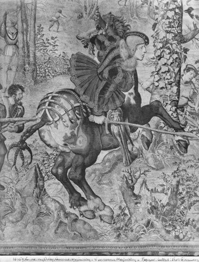 Maximilianin metsästys, Kauris, villisian metsästys, Maximilian I:n yksityiskohta 1459-1519 Gobelins Factory katso myös 138999 kuvakudos bw photo tekijältä Bernard van Orley