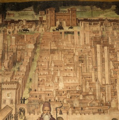 Pyhä Anthony ja näkymä Paviaan, yksityiskohta Stories of St Theodore -syklistä, Bernardino Lanzanin (1460-1530) freskot, Pyhän Teodorin kirkko, Pavia, Lombardia, Italia tekijältä Bernardino Lanzani da San Colombano