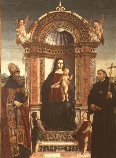Madonna ja lapsi sekä Pyhä Nikolaos Tolentino ja Pyhä Augustinus tekijältä Bernardino Loschi
