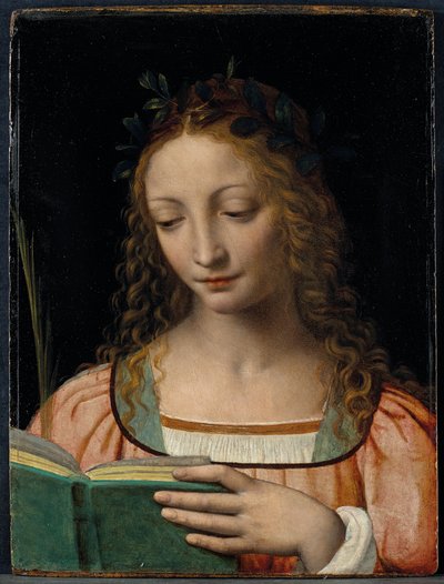 Rinnanpituinen pyhimyshahmo, kämmenellä ja lukemassa pyhiä kirjoituksia tekijältä Bernardino Luini