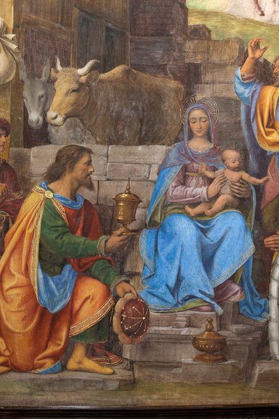 Yksityiskohta Kolmen viisaan palvonnasta, presbyteristä tai pääkappelista (fresko) tekijältä Bernardino Luini