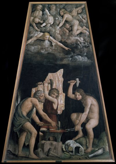 Tulivuoren pajassa taottuja jumalallisia aseita pilvissä makaavien enkelien edessä, Yksityiskohta (Fresko tekijältä Bernardino Luini