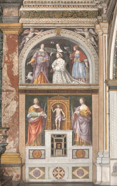 Ippolita Sforza Pyhän Agnesin ja Pyhän Katariinan kanssa sekä Pyhän Apollonian ja Saint Lucyn alapuolella, n. 1522-25 (fresko) (3497192:n yksityiskohta) tekijältä Bernardino Luini
