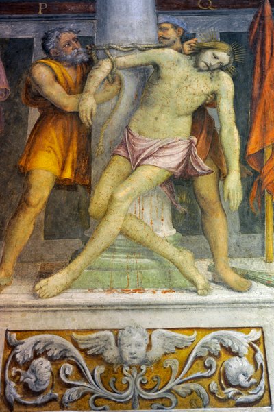 Jeesus sidottu pylvääseen, Bernardino Luinin fresko Saint Maurice kirkossa Maggioren luostarissa Milanossa Lombardiassa Italiassa tekijältä Bernardino Luini