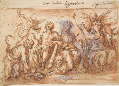 Allegoriset hahmot: Voima, Hercules kuristaa Hydraa, Runsaasti ja Fame, 1600-1650. tekijältä Bernardino Rodriguez