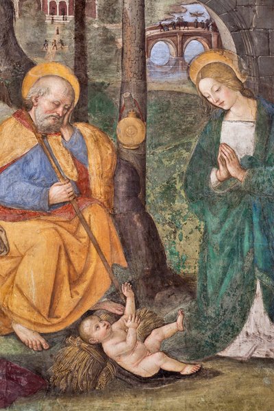 Paimenten palvonta (Paimenten palvonta) Pinturicchion (Bernardino di Betton) yksityiskohta fresko (1454-1513) 1484-1492 (Santa Maria del Popolon kirkko), Santa Maria del Popolon basilika, Cappella Basso della Rovere Rooma Italia tekijältä Bernardino di Betto Pinturicchio