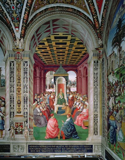 Aeneas Sylvius Piccolomini (1405-64) tekee alistumisen paavi Eugenius IV:lle (1383-1447) 7. helmikuuta tekijältä Bernardino di Betto Pinturicchio