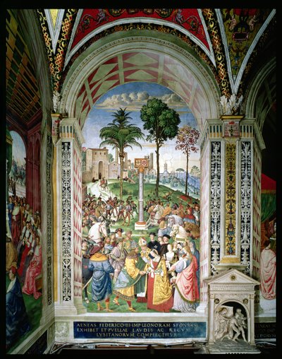 Aeneas Sylvius Piccolomini (1405-64) lahjoittaa Aragonian Eleonoran Frederick III:lle (1415-93) 24. helmikuuta 1452 (fresko) tekijältä Bernardino di Betto Pinturicchio