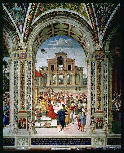 Aeneas Sylvius Piccolomini (1405-64) on Fredrik III:n (1415-93) kruunattu runoilijapalkinto vuonna 1442. tekijältä Bernardino di Betto Pinturicchio