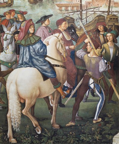 Enea Silvio Piccolomini lähdössä Baseliin Ferraran piispan sihteerinä, yksityiskohta Pius II:n tarinoista tekijältä Bernardino di Betto Pinturicchio