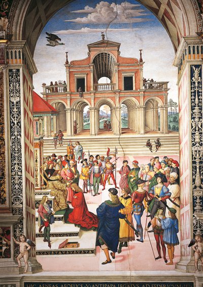 Italia, Siena, katedraali, Piccolominin kirjasto, Enea Silvio Piccolominista keisari Fredrik III tekee runoilijapalkinnon, yksityiskohta Pius II:n tarinoista tekijältä Bernardino di Betto Pinturicchio