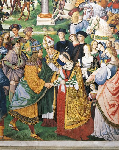 Italia, Siena, katedraali, Piccolominin kirjasto, Enea Silvio Piccolomini, Sienan piispa Fredrik III:n ja Eleanorin Aragonian kruunajaisissa, yksityiskohta Pius II:n tarinoista tekijältä Bernardino di Betto Pinturicchio