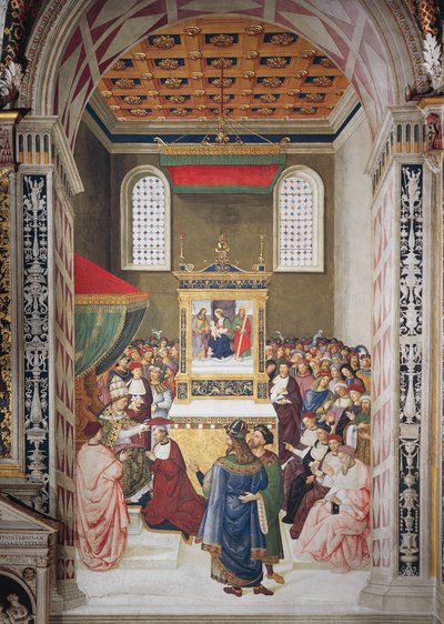 Italia, Siena, katedraali, Piccolomini-kirjasto, Enea Silvio Piccolomini saa kardinaalihatun Calixtus III:lta, yksityiskohta Pius II:n tarinoista tekijältä Bernardino di Betto Pinturicchio
