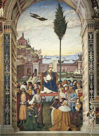 Italia, Siena, katedraali, Piccolomini-kirjasto, Pius II:n tarinat: Pius II saapuu Anconaan nopeuttamaan ristiretkeä tekijältä Bernardino di Betto Pinturicchio