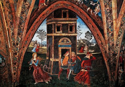 Pyhän Barbaran marttyyrikuolema, Bernardino Pinturicchio (n. 1452-1513), fresko, Pyhien sali, Borgia Apartments, Apostolinen palatsi, Vatikaani, Italia. tekijältä Bernardino di Betto Pinturicchio