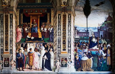 Pius II saapuu Anconaan aloittamaan ristiretken (1500-luku), Pinturicchion fresko (1452-1513), Piccolomini-kirjasto, Sienan katedraali, Toscana, Italia tekijältä Bernardino di Betto Pinturicchio