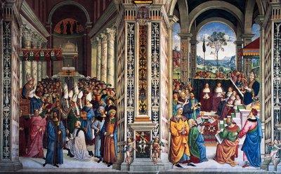 Pius II saapuu Anconaan aloittamaan ristiretken (1500-luku), Pinturicchion fresko (1452-1513), Piccolomini-kirjasto, Sienan katedraali, Toscana, Italia tekijältä Bernardino di Betto Pinturicchio