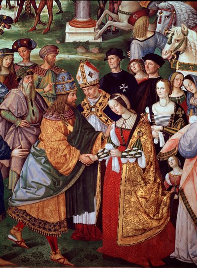 Runoilija Enee Silvio Piccolomini esittelee Portugalin Eleonoren Pyhän Imperiumin keisarille Frederick III:lle Camollia-portilla. Yksityiskohta paavi Pius II:n elämästä (Fresko). tekijältä Bernardino di Betto Pinturicchio