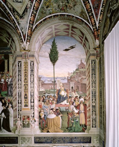 Paavi Pius II (1405-1464) Anconassa siunaa laivastoa, joka on lähdössä Pyhään maahan 15. elokuuta 1464 tekijältä Bernardino di Betto Pinturicchio