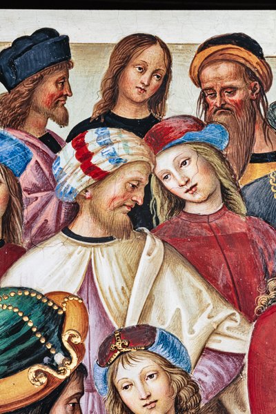 Piccolomini-kirjasto, koillisseinä: "Aeneas Sylvius pitää puheen Skotlannin kuninkaalle James I:lle, talvi 1435" tekijältä Bernardino di Betto Pinturicchio