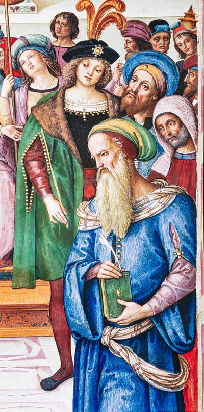 Piccolomini-kirjasto, koillisseinä: "Aeneas Sylvius pitää puheen Skotlannin kuninkaalle James I:lle, talvi 1435" tekijältä Bernardino di Betto Pinturicchio