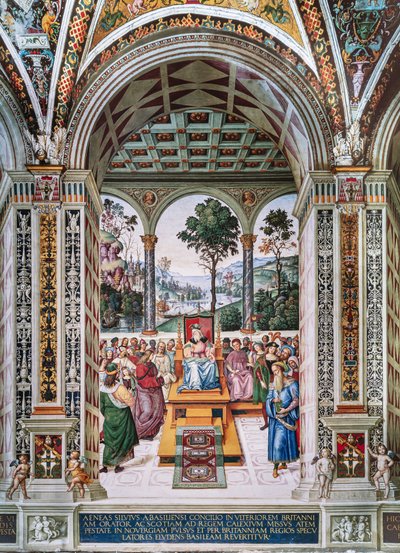 Piccolomini-kirjasto, koillisseinä: "Aeneas Sylvius pitää puheen Skotlannin kuninkaalle James I:lle, talvi 1435" tekijältä Bernardino di Betto Pinturicchio