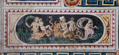 Piccolomini-kirjasto, katto: pienempi paneeli meritiasuskohtauksella (tritonit, putto ja nereid), Bernardino di Betton, Pinturicchio, fresko. tekijältä Bernardino di Betto Pinturicchio