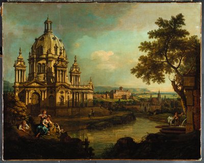 Capriccio kupolikirkon ja rakennusten kera Pirnassa, n. 1765 tekijältä Bernardo Bellotto