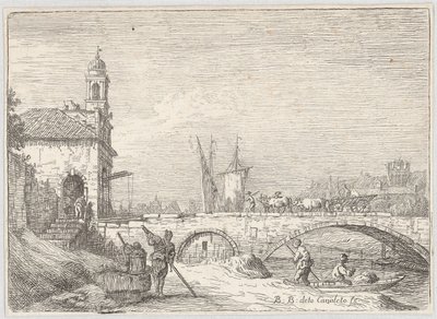 Capriccio, jossa on silta ja porttirakennus Padovan Porta Portellon tyyliin tekijältä Bernardo Bellotto