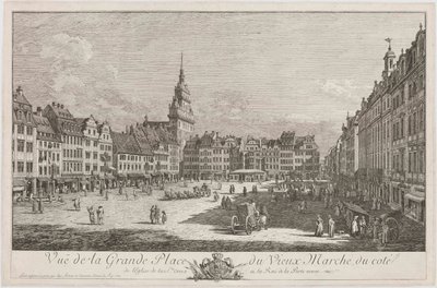 Dresdenin Altmarkt Schlossstraßelta nähtynä, lehti sarjasta "Dresdenin vedutat" tekijältä Bernardo Bellotto