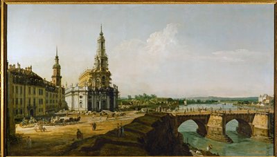 Dresden, Saksa, nähtynä Elbe-joen vasemmalta rannalta Altstaedter Brueckenkopfin yläpuolelta (öljy kankaalle). tekijältä Bernardo Bellotto