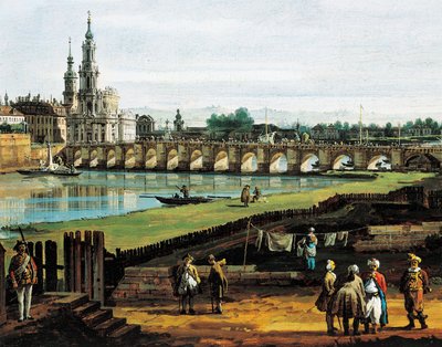 Dresden Elben oikealta rannalta Augustuksen sillalta ylävirtaan, noin 1750, Bernardo Bellotto, tunnettu Canalettona (1721-1780), öljy kankaalle, 50x84 cm, Yksityiskohta tekijältä Bernardo Bellotto