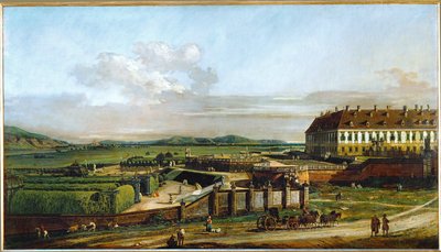 Savoijin prinssi Eugenin rakentama Schlosshofin linna, Itävalta, pohjoisesta katsottuna (öljy kankaalle). tekijältä Bernardo Bellotto