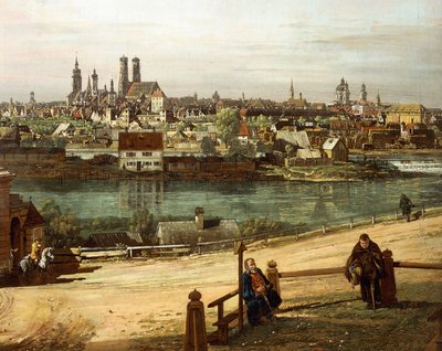 Näkymä Müncheniin Haidhausenista, Isar-joki keskellä, yksityiskohta tekijältä Bernardo Bellotto