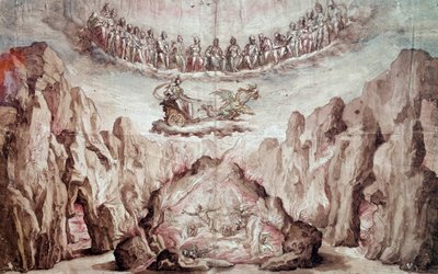 Projekti välivaiheen, Le Tromphe de Circen, sisustukseen ja koneistoon. Piirustus Bernardo Buontalenti dit delle Girandole (n. 1523-1608) Su. 0,46x0,72 m. Pariisi, Louvre-museo tekijältä Bernardo Buontalenti