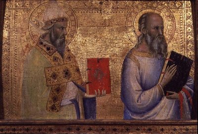 Pyhä Gregorius Suuri (n. 540-604) ja tunnistamaton pyhimys (tempera paneelissa) tekijältä Bernardo Daddi