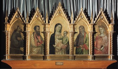 Neitsyt ja lapsi pyhimysten Franciscuksen, Bartolomeuksen, Pyhän Johanneksen ja Katariina Aleksandria kanssa - tempera paneelissa tekijältä Bernardo Daddi