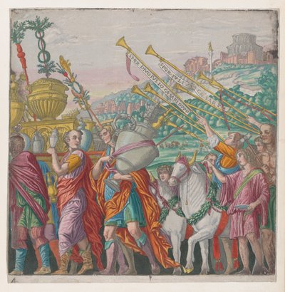 Arkki 4: Miehet kantamassa palkintoja vasemmalla, trumpetistit oikealla, Julius Ca...n voitosta, 1599. tekijältä Bernardo Malpizzi