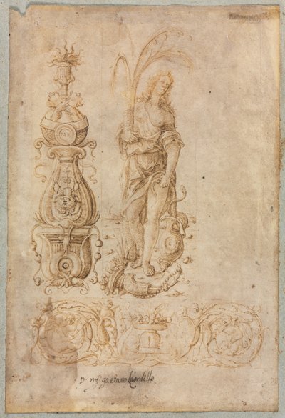 Design for a candelabrum, Allegorical figure of Abundance, Ornamental Relief Design, c. 1490-luku. tekijältä Bernardo Parentino