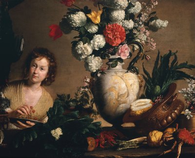 Kukista, hedelmistä, vihanneksista ja merenelävistä koostuva asetelma kielekkeellä, jossa hahmo pitelee kirsikoita (öljy kankaalle) tekijältä Bernardo Strozzi